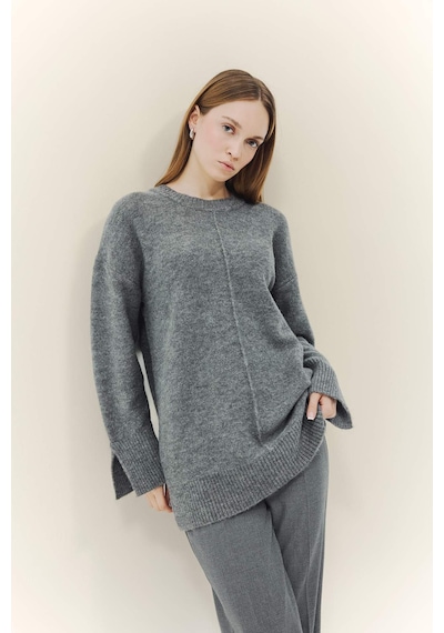 Defacto Yün Karışımlı Loose Fit Bisiklet Yaka Triko Kazak Tunik F4547ax25wngr76 Gri-gr76