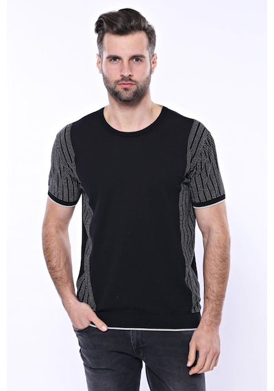 Yake Store Bisiklet Yaka Kenarları Desenli Siyah Örme T-shirt Wessi - Siyah