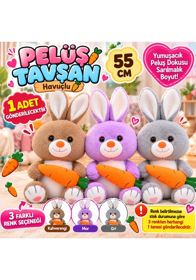 Peluş Tavşan Havuçlu 55 Cm Yumuşak Sevimli Büyük Tavşan Peluş Oyuncak 1 Adet Çok Renkli