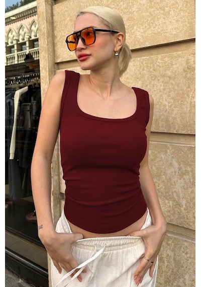 Madmext Bordo Fitilli Görünümlü Askılı Basic Atlet Mg2057 Bordo