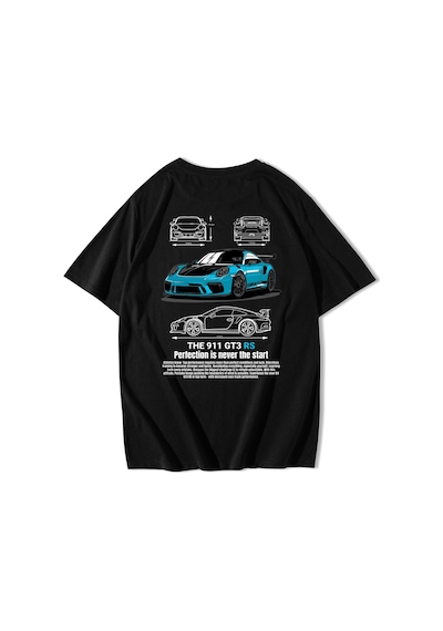Brz Collection Unisex Oversize Porsche The 911 Gt3 Rs Blue T-shirt Siyah