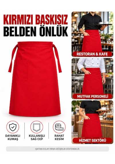 Baskısız Belden Önlük, Cepli Bağlamalı Garson, Aşçı, Mutfak, Restoran Ve Kafe Önlüğü Kırmızı