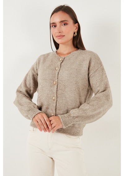 Lela Premium Regular Fit Bisiklet Yaka Yumuşak Dokulu Bayan Hırka 680Hi00147 Vizon