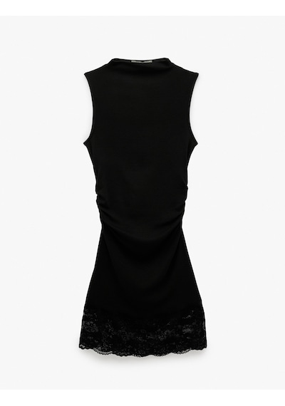 Koton Modal Karışımlı Slim Fit Dik Yaka Kolsuz Mini Dantelli Elbise Siyah 6sal80262ık