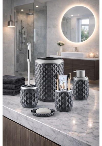 Decorev Geometrik Desenli Gri Banyo Aksesuar Seti – 5 Parça