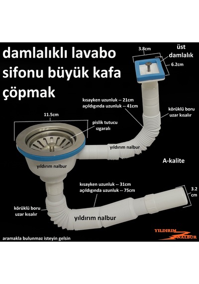 Çöpmak Körüklü Sifon Üstten Damlalıklı Lavabo Sifonu Lavabo Borus
