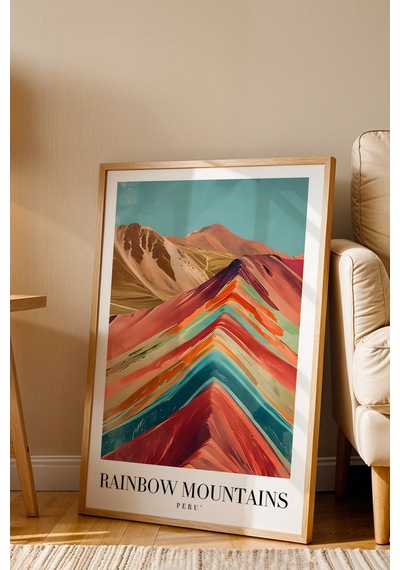 Rainbow Mountains Peru Vintage Seyahat Posteri Çerçeveli Tablo - Premium Gökkuşağı Dağları Dekor Kayın