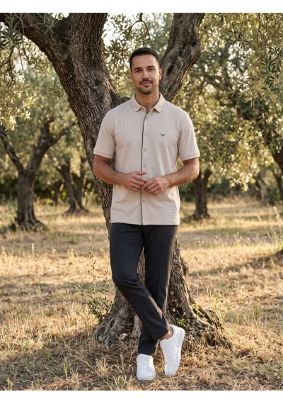 Maccali Erkek Bej Kısa Kollu Basic Polo Yaka Gömlek