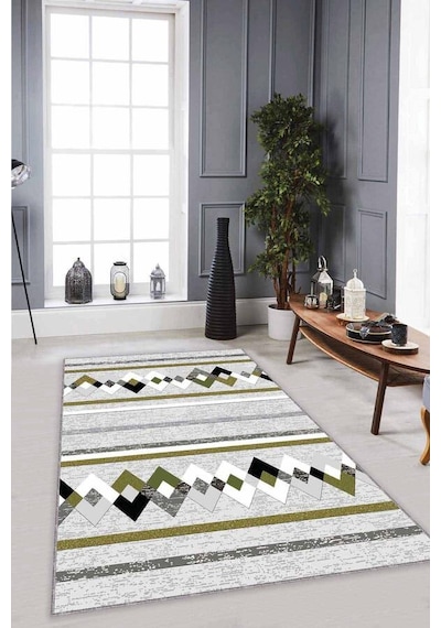 Yeşil Zigzag Kaymaz Tabanlı Makinede Yıkanabilir Halı Rt02n11