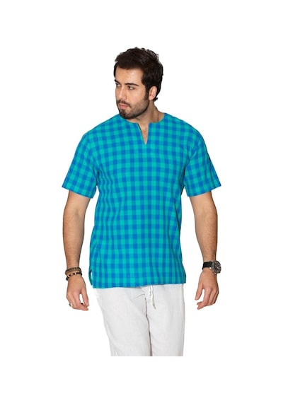 Kısa Kol Şile Bezi Bisiklet Yaka Erkek Tshirt Mint Kareli 3033
