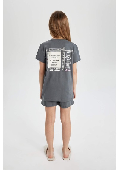 Defacto Kız Çocuk Baskılı Kısa Kollu Şort 2li Pijama Takımı C1956a824spgr449 Gri