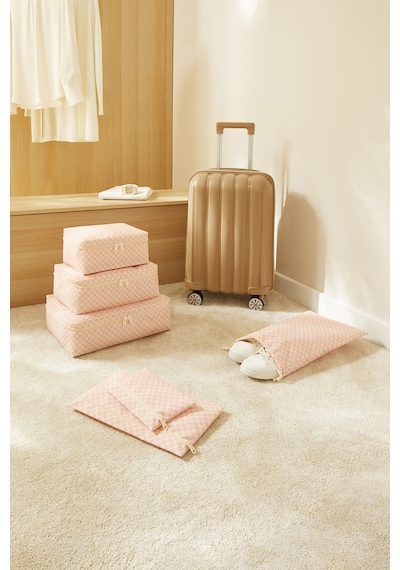 Ocean Home Textile 6'lı Pembe Dama Desen Pamuklu Bavul İçi Düzenleyici Set Pembe