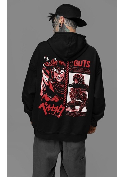 Sevbano Guts Berserk Baskılı Unisex Oversize Anime Hoodie Siyah