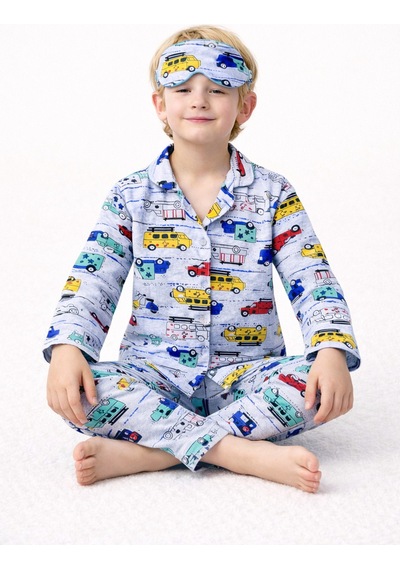 Free Beka Erkek Çocuk Önden Düğmeli Desenli Pijama Takımı %100 Pamuklu Pijama Takımı Gri