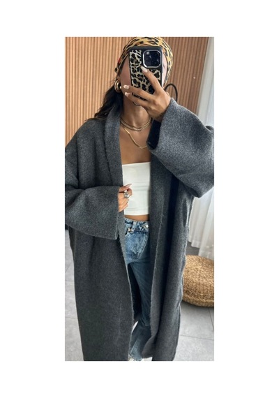 İkrafashion Maxi Boy Uzun Tesettür Triko Hırka Antrasit Antrasit