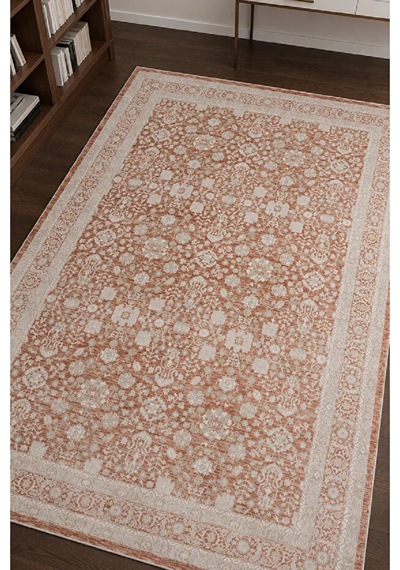 Zes Collection Modern Vintage Desenli Eskitme Dokuma Yumuşak Salon Halısı Kiremit - Bej