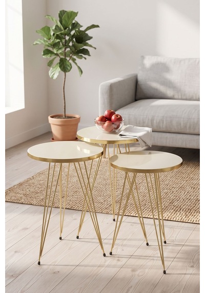 Northcity Zigon Sehpa Ve Orta Sehpa Elips Set Gold Krem Tel Altın - Krem