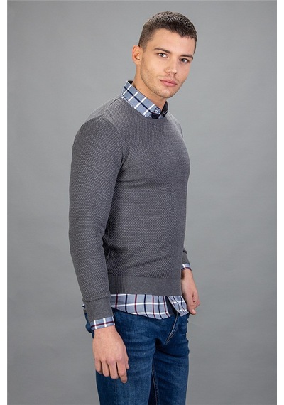 Tudors Slim Fit Dar Kesim Bisiklet Yaka Petek Desenli Erkek Kazak-15154 Gri