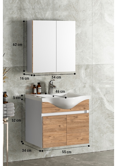 Yıldız 55 Cm Beyaz-atlantik Mdf Lavabolu Asma Banyo Dolabı Takımı Beyaz - Atlantik Çam
