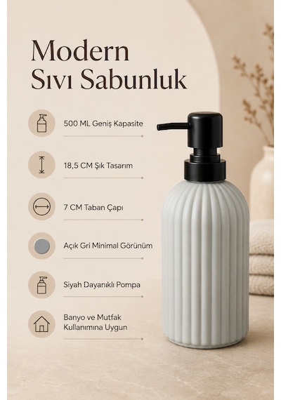 Vovy Çizgili Cam Sabunluk 500 Ml Siyah Pompalı Modern Sıvı Sabun Ve Deterjan Dispenseri - 18,5 Cm X 7 Cm Açık Gri