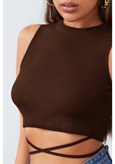 Moon Wear Kadın Kahverengi Çapraz Bağlamalı Crop Top Büstiyer Kahverengi