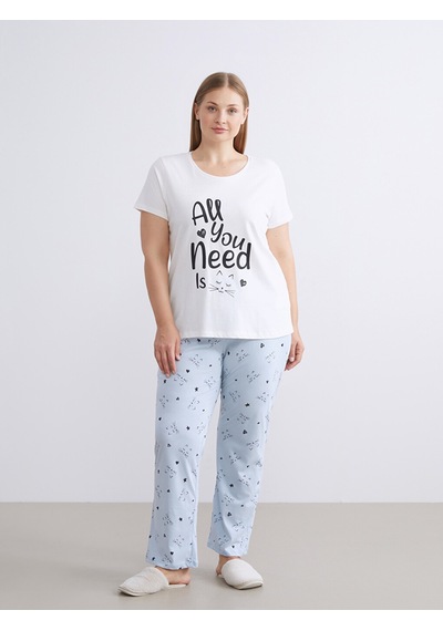 Lcw Dream Mavi Büyük Beden Bisiklet Yaka Baskılı Kadın Pijama Takımı