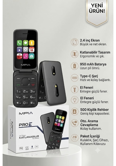 Mpia Pro E Katlanabilir Kapaklı Tuşlu Cep Telefonu - Type-c Şarjlı, Çift Ekran Görünümlü Yaşlı / Asker Telefonu