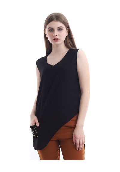 Self Clothing Kadın Siyah V Yaka Cep Ve Yırtmaç Detaylı Bluz Slf1246-Siyah