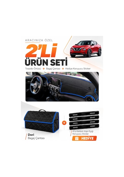 Nissan Juke 2020-2023 Uyumlu Torpido Örtüsü + Deri Bagaj Çantası + Sticker Seti - Siyah Mavi