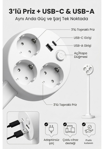 Teleskopik Çoklu Priz 3 Lü Topraklı + Usb-c & Usb-a, Yükseklik Ayarlı, Işıklı Anahtarlı Uzatma Prizi 0.7 M