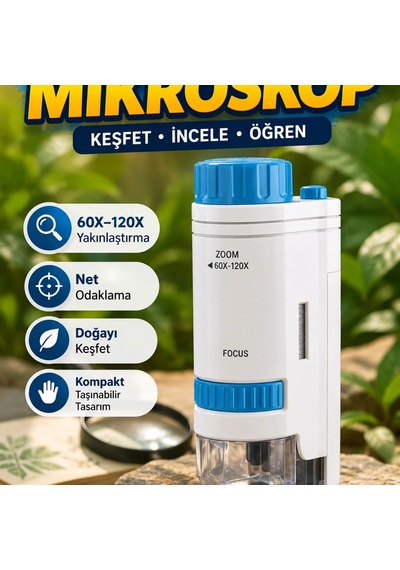 Pmma Lensli Led Aydınlatmalı 80x-200x Taşınabilir Mini Mikroskop