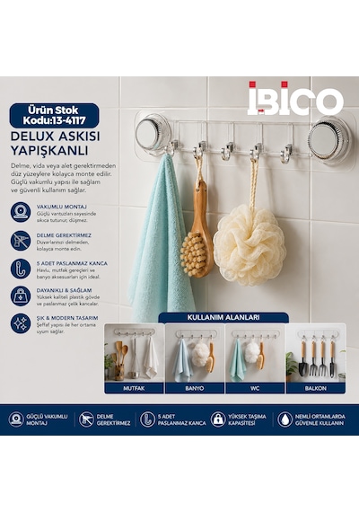 Yapışkanlı Vantuzlu 5 Kollu Plastik Askı Açık Bej