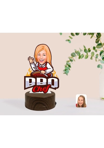 Kişiye Özel Kadın Barbekü Chef Karikatürlü Dekoratif 3D Biblo Led