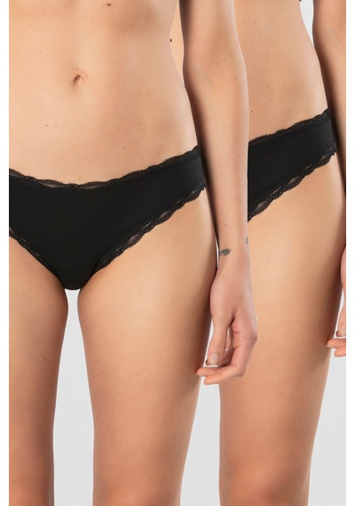 Türen Kadın Likralı Ribana Dantelli Bikini Külot 2'li Paket 928/siyah Siyah
