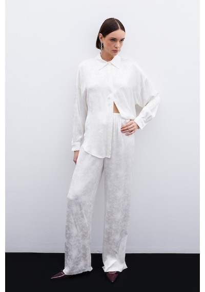 Sateen Jakarlı Saten Pantolon - Ekru-136050 Ekru