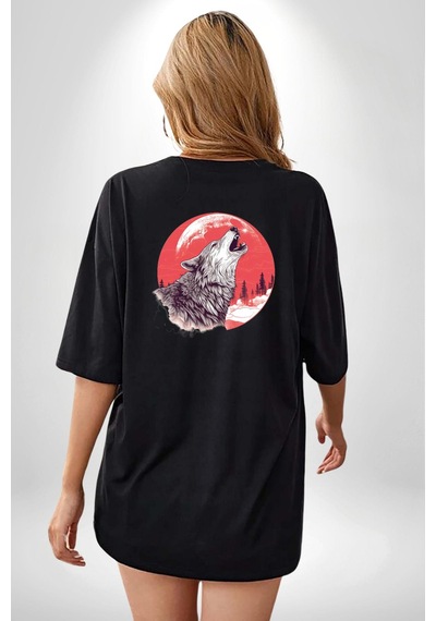 Uluyan Beyaz Kurt Siyah Oversize Unisex Ön Ve Sırt Baskılı Tişört Siyah