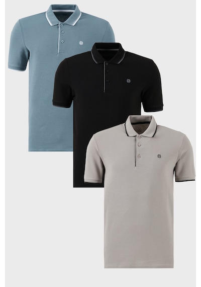 Buratti Pamuklu Slim Fit Şerit Detaylı Düğmeli Polo Yaka 3'Lü Paket Erkek T Shirt 5902118S3 Siyah-Mavi-Taş