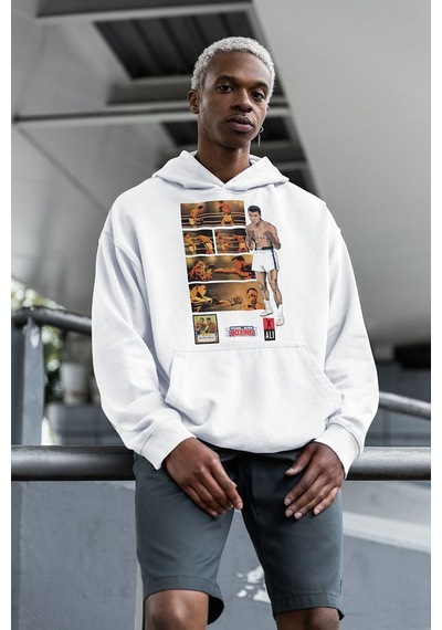 Sevbano Muhammedd Alii Cllay Baskılı Unisex Oversize Efsane Boksör Hoodie Beyaz