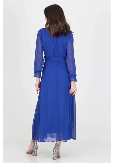 Neşeli Butik Kadın Yeni Sezon Astarlı Kruvaze Yaka Uzun Şifon Elbise Nb003 Saks