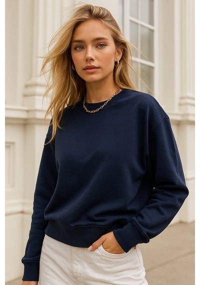 Kadın Lacivert Pamuklu İnterlock Oversize Sweatshirt Lacivert
