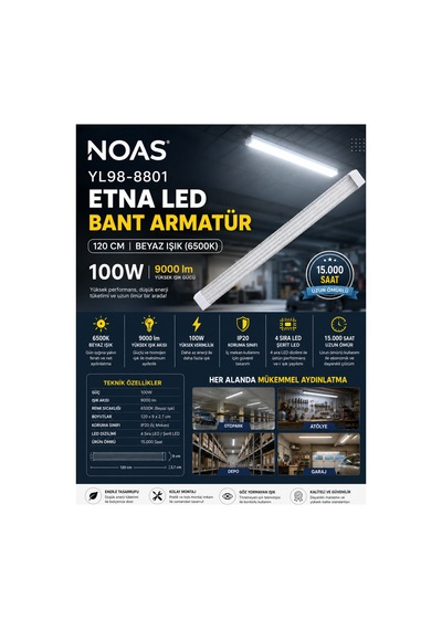 Noas Yl98-8801 Etna Led Bant Armatür 100w 120 Cm 6500k Beyaz Işık 9000 Lümen 4 Sıra Led - 920474163 Diğer