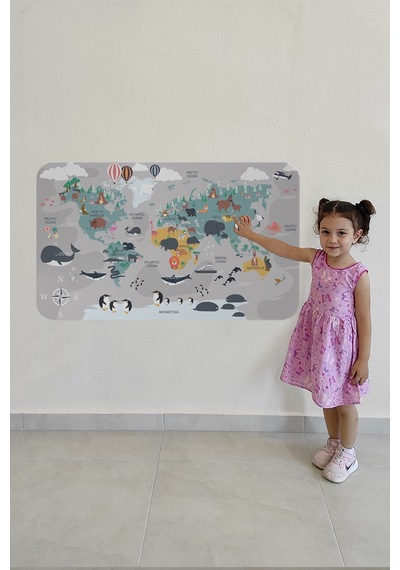 Eğitici Dünya Haritası Dünya Atlası Çocuk Ve Bebek Odası Duvar Sticker-85x130-3821 Çok Renkli