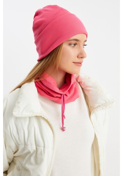 Butikgiz Kadın Balıkçı Style Pamuklu Kaşkorse Terletmez Ultra Hafif Yumuşak Bere Boyunluk Takım Pembe