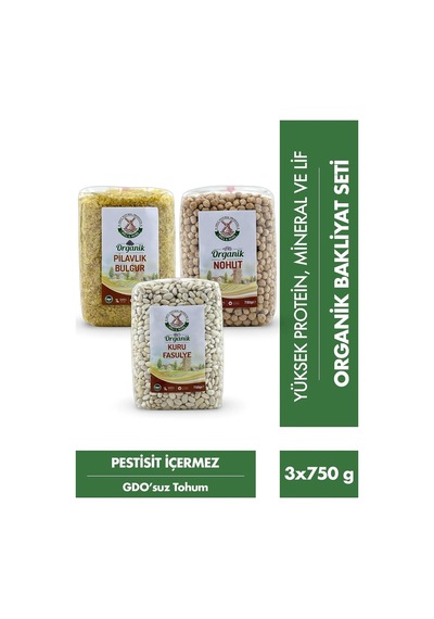 Bakliyat Seti - Organik Pilavlık Bulgur 750 G Organik Nohut 750 G Organik Kuru Fasulye 750 G