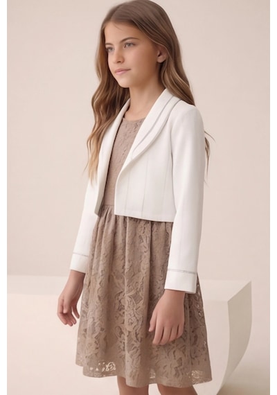 Fesshera Kids Kız Çocuk Dantel Elbise Bolero Ceket Takım 9-12 Yaş Kahverengi
