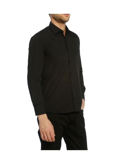 Siyah Slim Fit Uzun Kol Düz Renk Erkek Gömlek // 151-20 Siyah