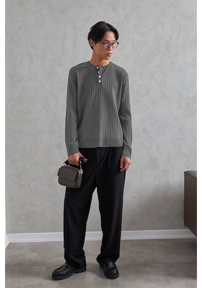 Erkek Fitilli Henley Yaka Düğmeli Triko Kazak Koyu Füme