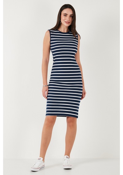 Lela Pamuklu Slim Fit Bisiklet Yaka Çizgili Bayan Elbise 5866168 Indigo-Beyaz