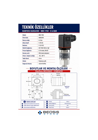 Danfoss 060g6100 Mbs 1700 0-6 Bar Basınç Transmitteri