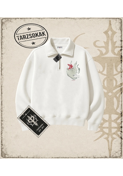 Tarzsokak Gotik & Grunge Streetwear Away Your Yarım Fermuarlı Sweatshirt Beyaz